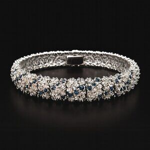 Vintage Faux Blue Sapphire and CZ Silver Link Bracelet With Slide Clasp